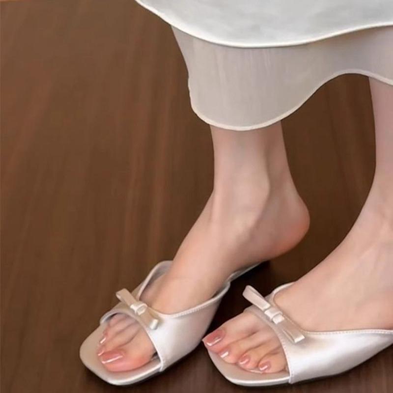 Temperament satin square head with wedge heel sandals women's summer new bow open-toed sandals