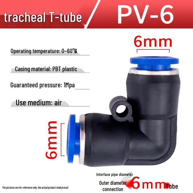 Pneumatic Air Tube Connector: PU8 Straight, PV10 Right-Angle Elbow, Quick-Insert, Butt Joint, Blue Plastic, PG6-4 Reducer.