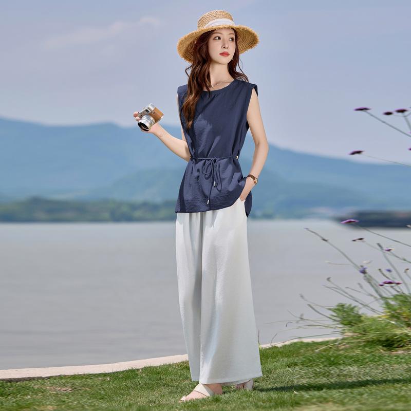 

Летний повседневный модный костюм женский дизайн рубашка без рукавов эластичная талия прямые широкие брюки комплект из двух предметов тренд XXL