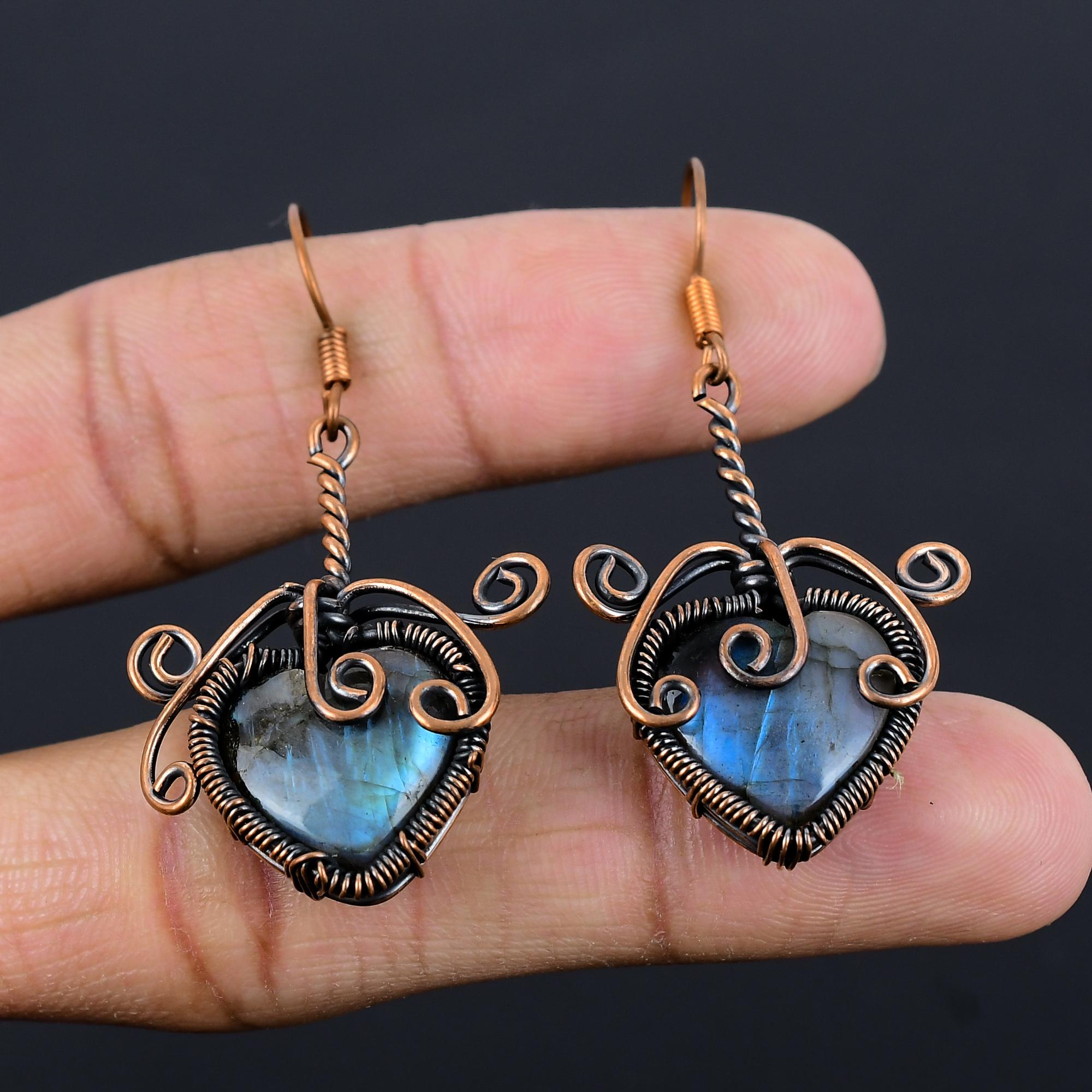 

Серьги из лабрадорита, обернутые медной проволокой 999 пробы, Ювелирные изделия с драгоценными камнями ручной работы, Подарки для жены, Совершенно новые серьги 2.55 Inches