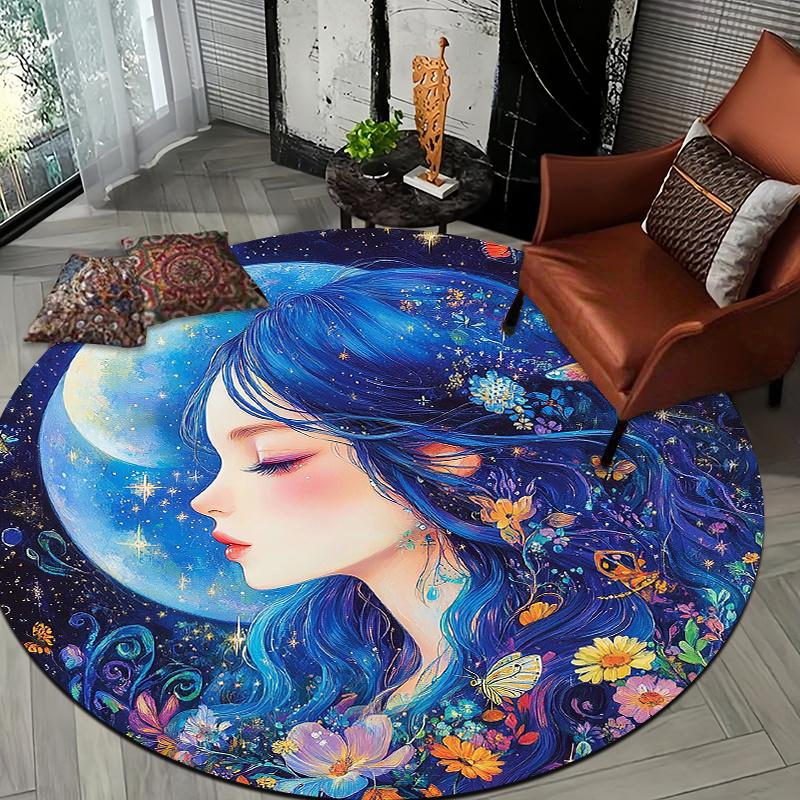 Moonlight, blue-haired girl Flannel-printed round floor mats are slip-resistant Suitable for living room terrace garden carpets