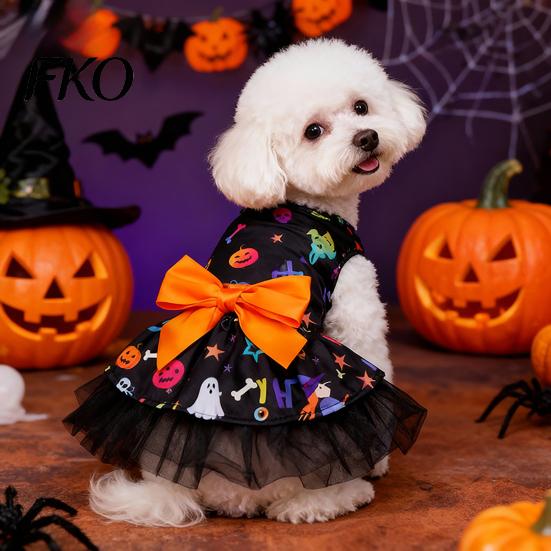 Sleeveless Dog Dress Halloween Tulle with Bow, Skull Print Pet Outfit, Daily Wear Costume Girl Party for Small Dogs Cats Lightweight Clothes
