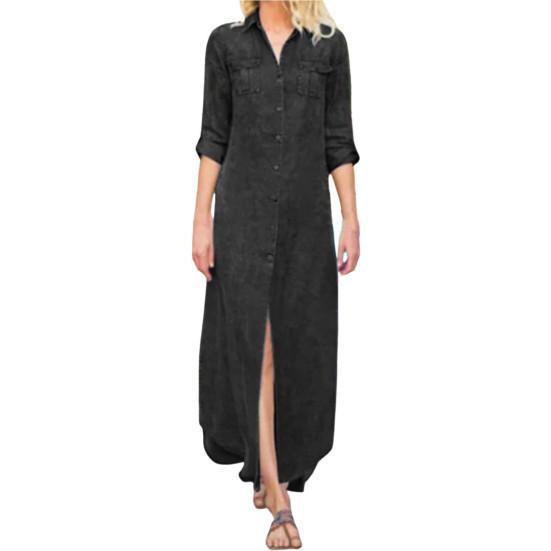 Sukienka dżinsowa z klapami i dekoltem w serek, z długimi rękawami, wieloma kieszeniami, zapinana na guziki, damska, modna