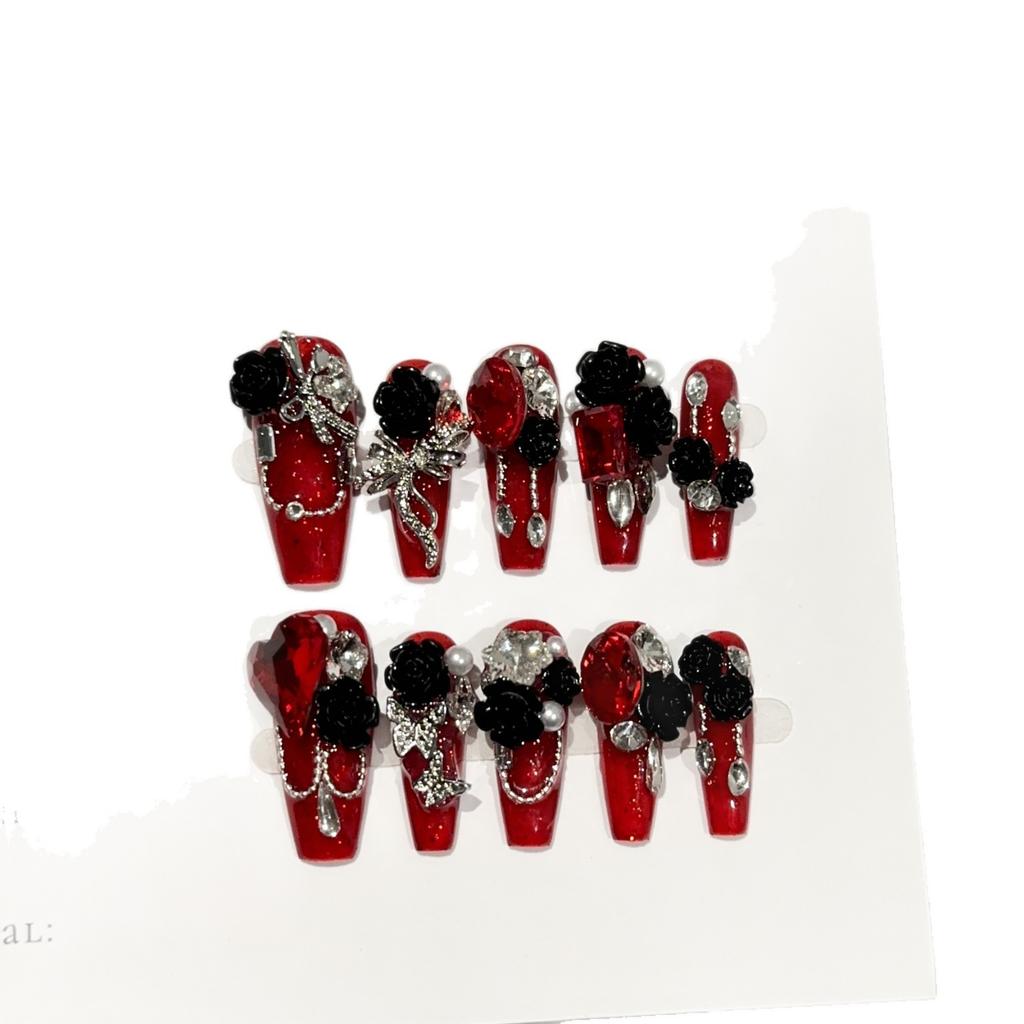 Red Medium Coffin Press On Nails Square Fake Nails French Tip Glue On Nail with Design Reusable False Acrylic Nails Full Cover Stick On Nail for Women
