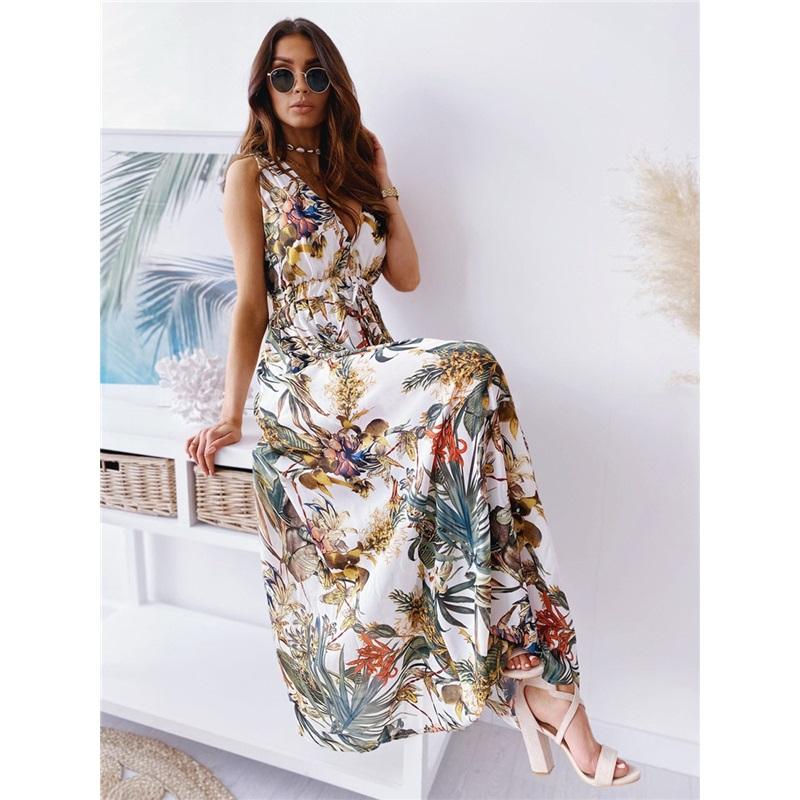 Tropical Floral Print Deep V Neck Spaghetti Strap Maxi Dress Beach Sundress
