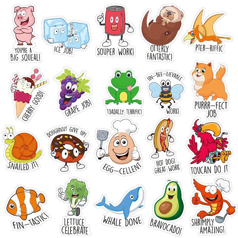 56pcs Mixed English Inspirational Cartoon Sticker Good Job Excellent Cute Animal Stickers Funny Punny Rewards Sticker