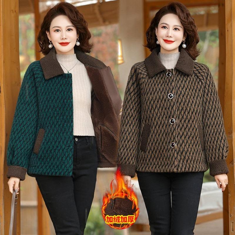 Autumn and Winter Velvet Plaid Imitation Mink Velvet Jacket Medium Women's Winter Cotton Clothes Short Woolen Top