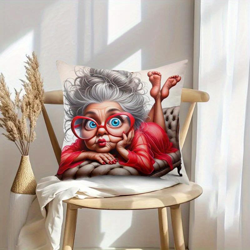 1Pc Funny Red Dress Grandma Print Throw Pillow Cover,Suitable For Sofa,Bedroom,Living Room,A Fun Gift For Seniors