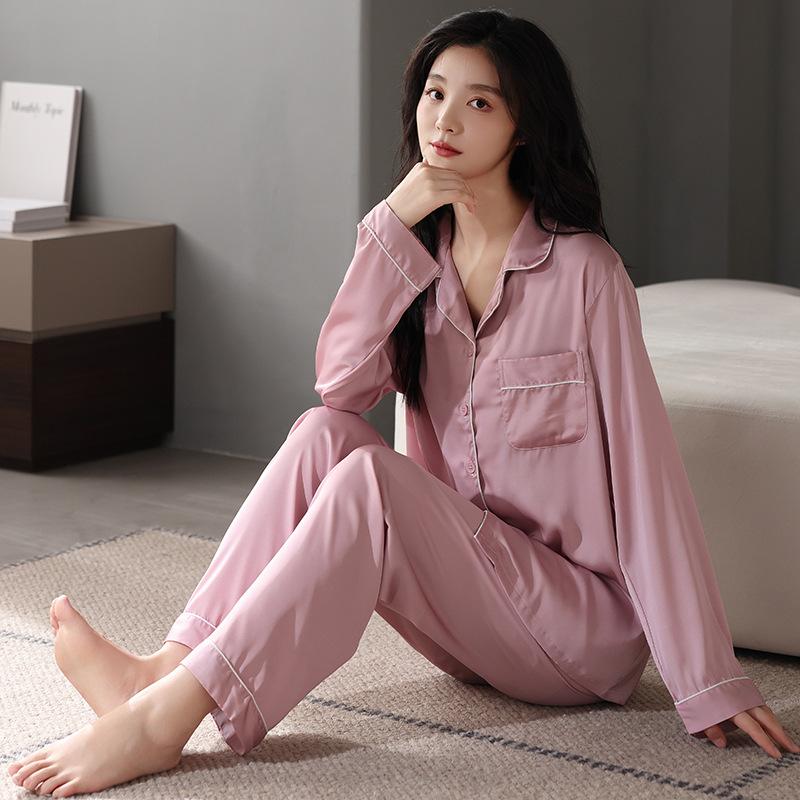 Ice silk pajamas women's 1011 new long-sleeved suit simple casual silk can be worn outside cool loungewear