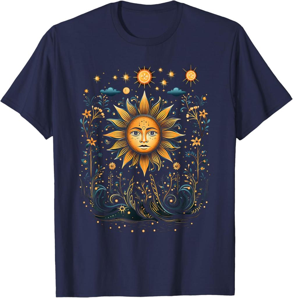 Mystic Celestial Sun Face Floral Graphic T-Shirt Casual Short Sleeve O-Neck Tee For Men