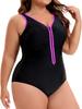Plus Size Black & Blue Color Block Swimsuit with Front Zipper – Slimming, Waist-Cinching, Tummy-Concealing for Hot Springs