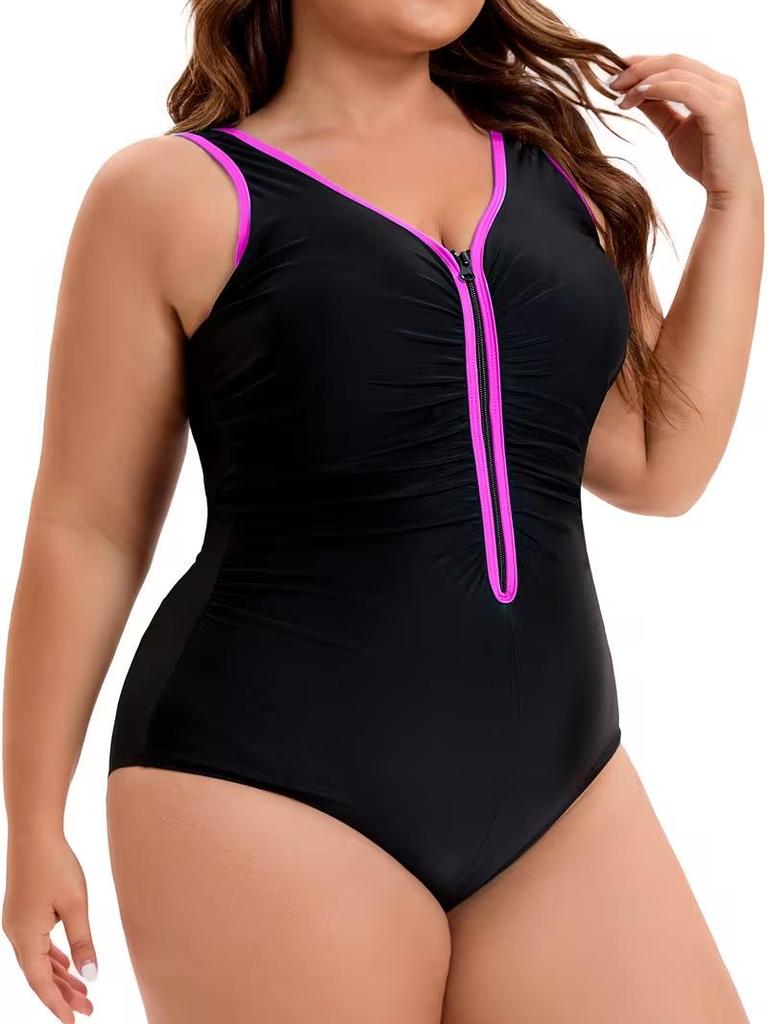 Plus Size Black & Blue Color Block Swimsuit with Front Zipper – Slimming, Waist-Cinching, Tummy-Concealing for Hot Springs
