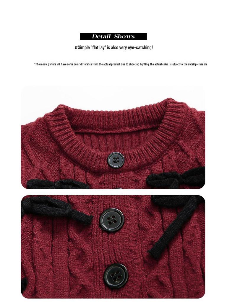 Girls' 2025 Autumn/Winter Knitted Cardigan and Velvet Skirt Set with Sweet Bow Cape