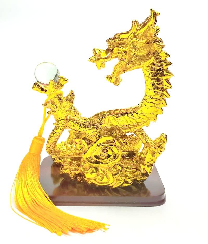 Golden Rising Dragon Figurine with Crystal Ball for Good Fortune and Strong Luck