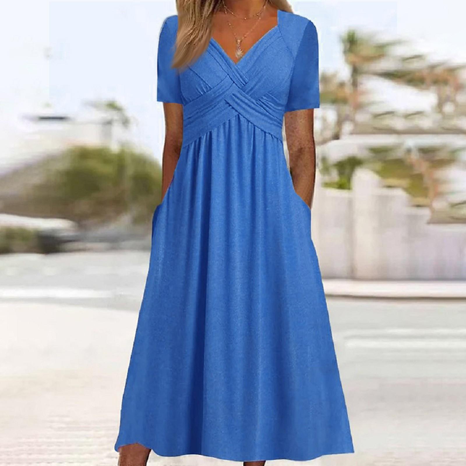 

Женское летнее платье с плиссированным ремешком и V-образным вырезом с короткими рукавами, однотонное платье с карманами трапециевидной формы со свободным подолом, дышащее мягкое платье миди для свиданий XXXXXL синий
