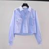 2026 Spring/Autumn Women’s Fresh Light Blue Double Pocket Loose Long Sleeve Crop Shirt