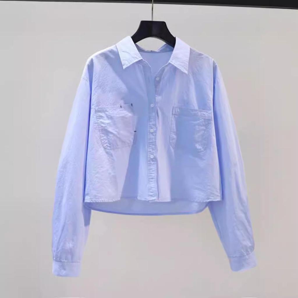 2026 Spring/Autumn Women’s Fresh Light Blue Double Pocket Loose Long Sleeve Crop Shirt