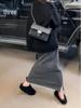 Winter Women's Cozy Korean Long Skirt with Fleece, Striped Color Block, and Comfortable H-Shape Design