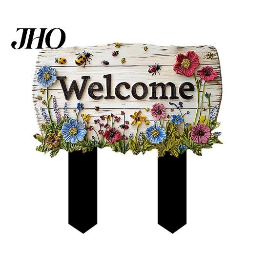 3D Effect Garden Sign Floral with Stake, Farmhouse Sign, Colorful Flowers Yard Outdoor Decoration Art Rustic Welcome for Home Pathway Planter