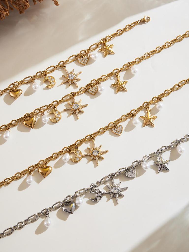 Star Moon Pearl Zircon Necklace & Bracelet Set with Multi-Accessory Design