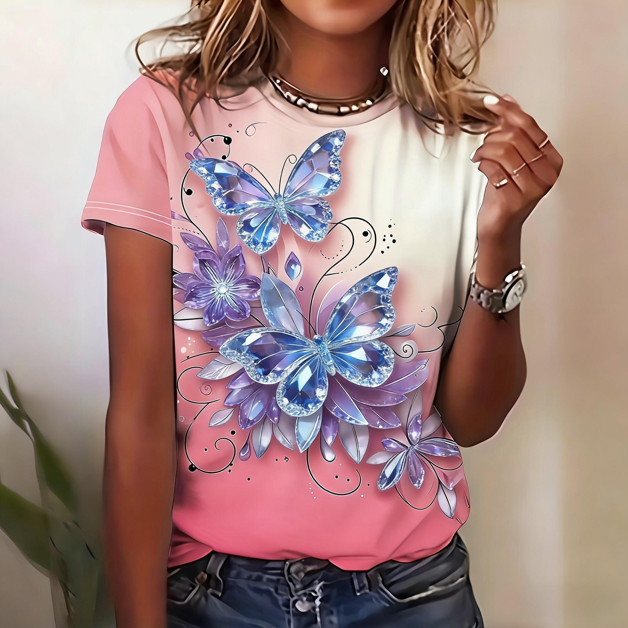

Pink Butterfly Top Fashion Women s Short Sleeve Loose T-Shirts Women’s S