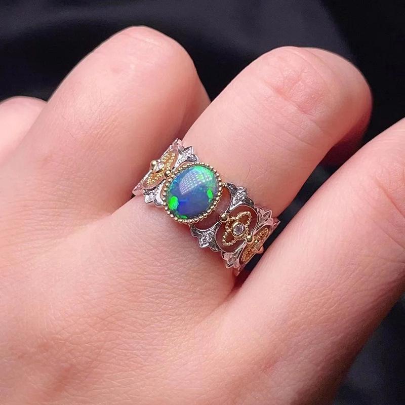 Xiancan Jewelry 2024 Stříbrný prsten: Pozlaceno růžovým zlatem, vykládané modrofialovým opálem (5 x 7 mm) pro ženy