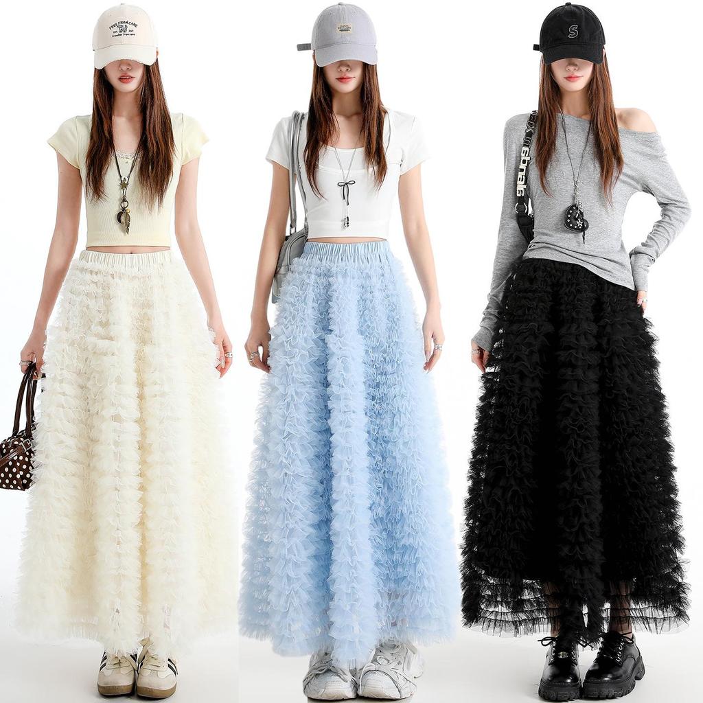 Women's 2026 Spring High Waist A-line Layered Mesh Fluffy Skirt