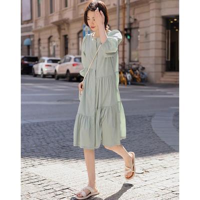 Women's Summer Puff Sleeve Babydoll Midi Dress with Asymmetric Tie