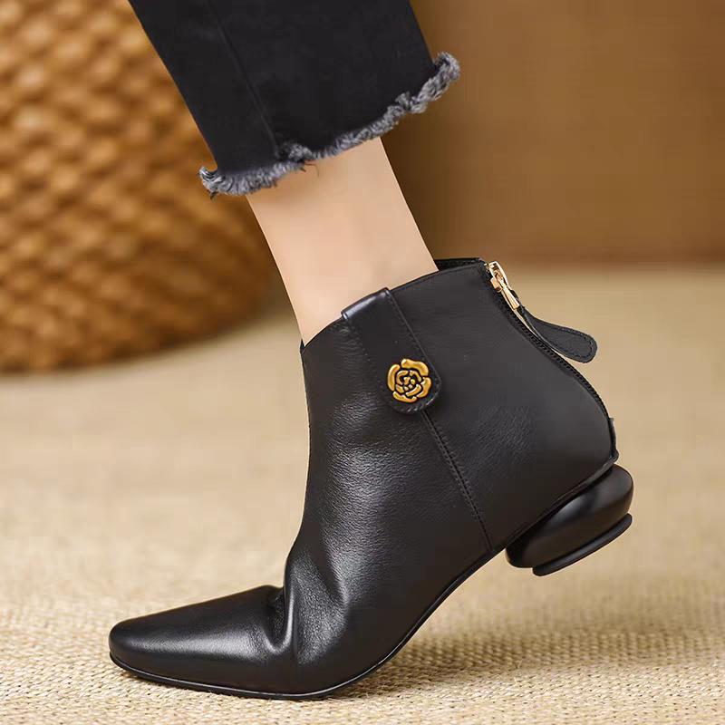 Fashion Camellia Square Toe Low Heel Short Ankle Boots Comfortable Soft Leather Booties for Women