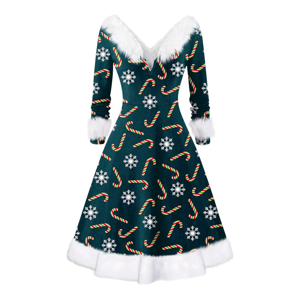 Women's Fashion V-neck Casual Fit Christmas Print Party Long Sleeve Dress