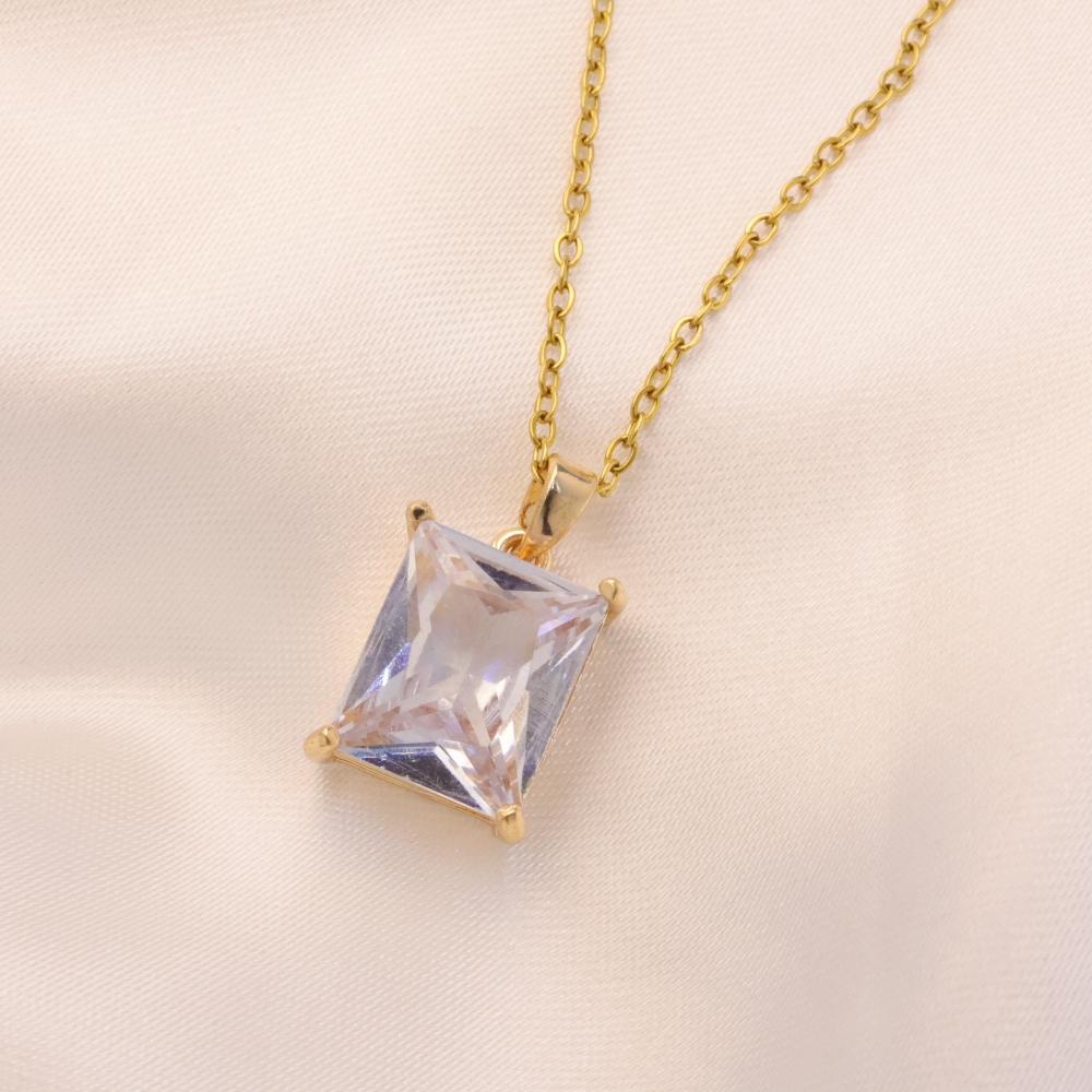 1 Piece Simple Square Zirconia Pendant Necklaces for Women Golden Stainless Steel Necklace Jewelry Party Accessories