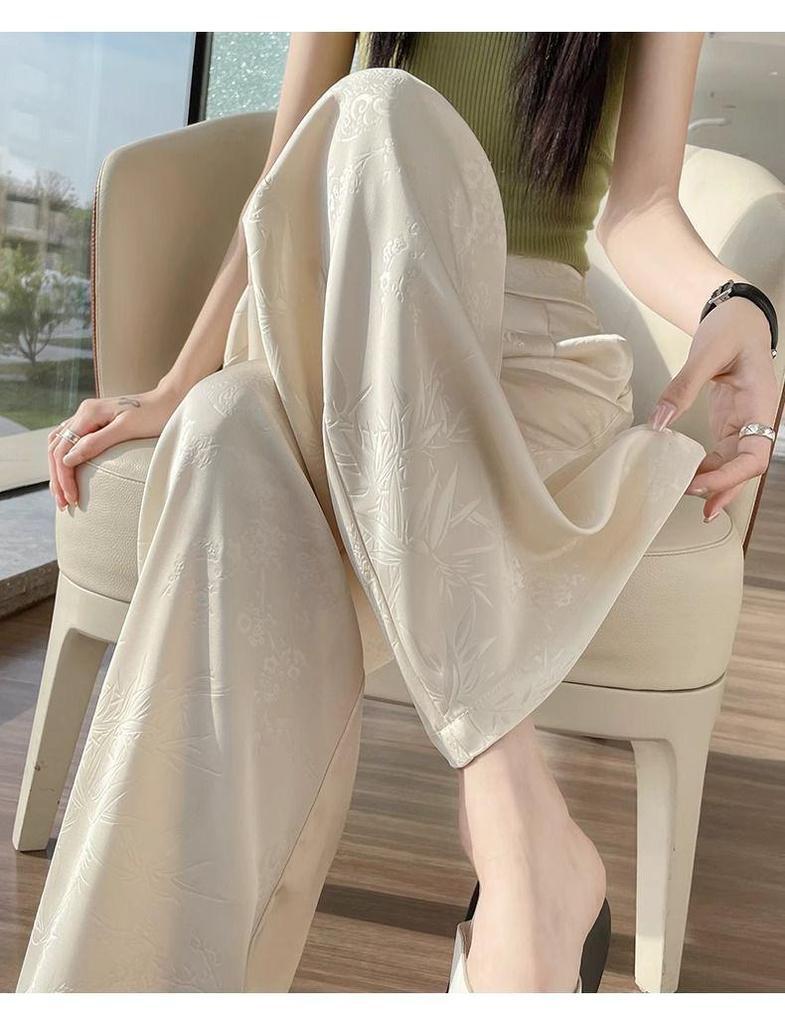New Chinese Style Women's High-Waist Wide-Leg Pants for Summer - Ice Silk Feel, Floor-Length, Casual Drape.