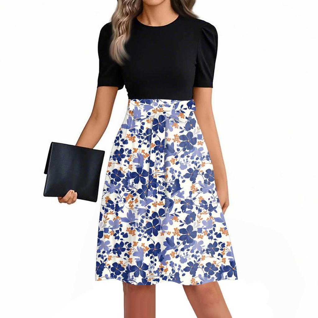 Damska modna codzienna sukienka z krótkim rękawem, okrągłym dekoltem, nadrukiem i patchworkiem