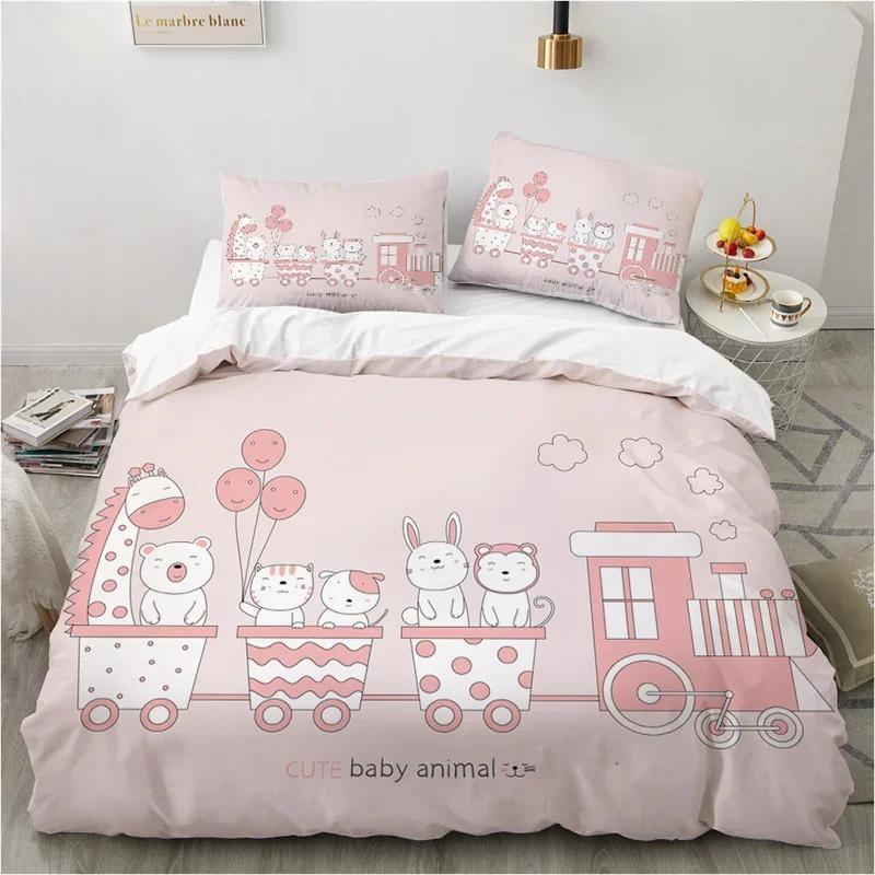 Cute Cartoon Animals Pink Toddler Bedding Set 3D Funny Cat Print Duvet Cover Twin Queen Size For Teens Kids Girls Bedroom Decor