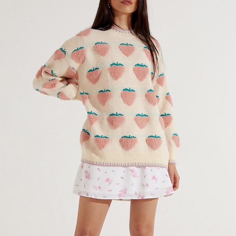 2025 Women's Casual Strawberry Embroidery Knit Pullover - Round Neck, Long Sleeve, Autumn/Winter