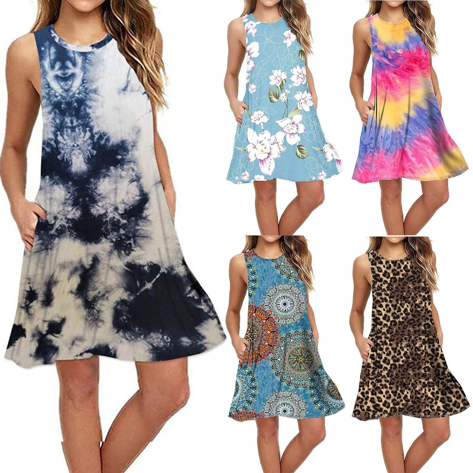 

Women Summer Casual Pocket Tank Dress Vintage Floral Tie-Dye Beach Swing Dress