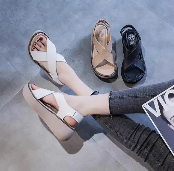 Fashion Fashion Summer Vintage Genuine Leather Flat Platform Sandals Women Hook And Loop Cross Strap Flat Outdoors Sandals size 34-40