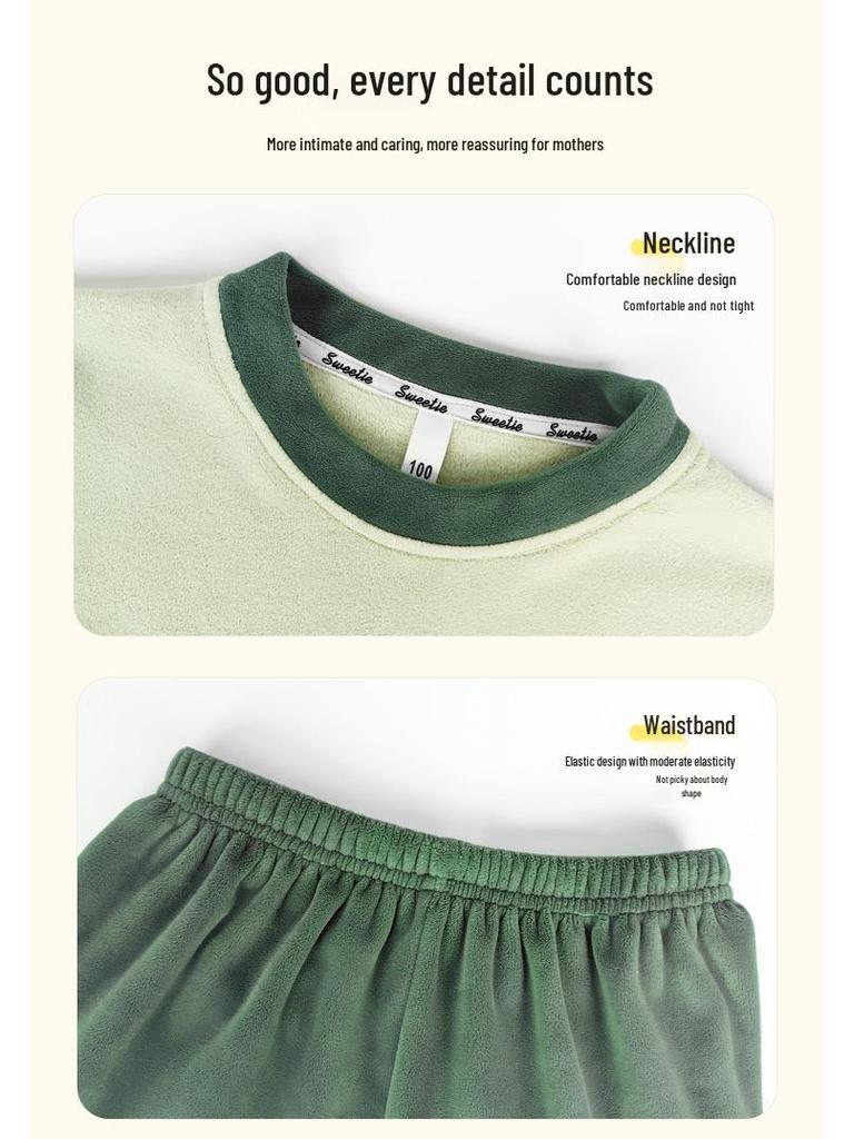 Kids' Wool Plush Pajamas Set - Warm Autumn/Winter Coral Fleece Sleepwear for Boys and Girls