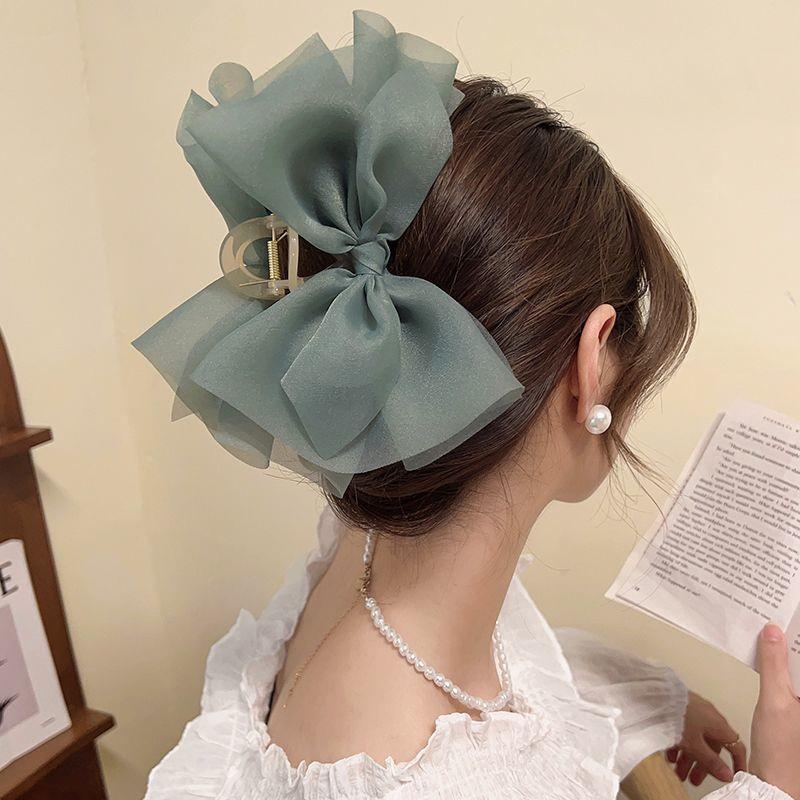 Mesh Tulle Large Bow Grab Clip Elegant Retro Female Net Yarn Ponytail Braid Claw Clip Hair Accessories Gift Headdress