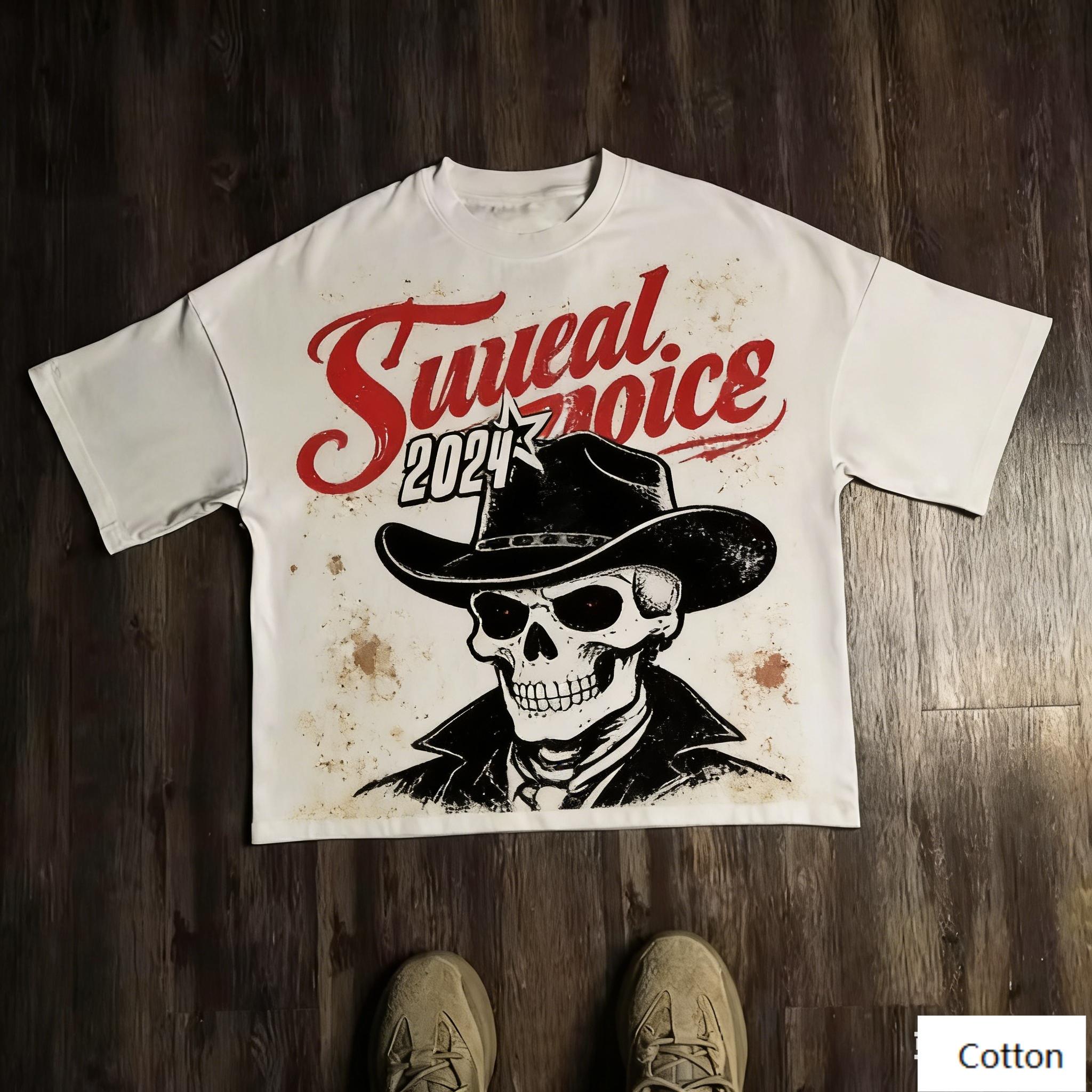 Oversized TShirt with Skull Cowboy Graphic Loose Streetwear Style Soft Heavyweight Fabric Classic Crew Neck S