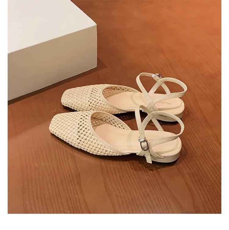 Sheepskin~ Grape mother French hollow woven sandals women's summer wear light mouth thick heel bag head empty Roman shoes