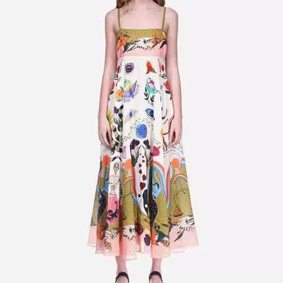 Summer Women's New Temperament and Elegant High Waist Printed Suspender Casual and Fashionable Dress