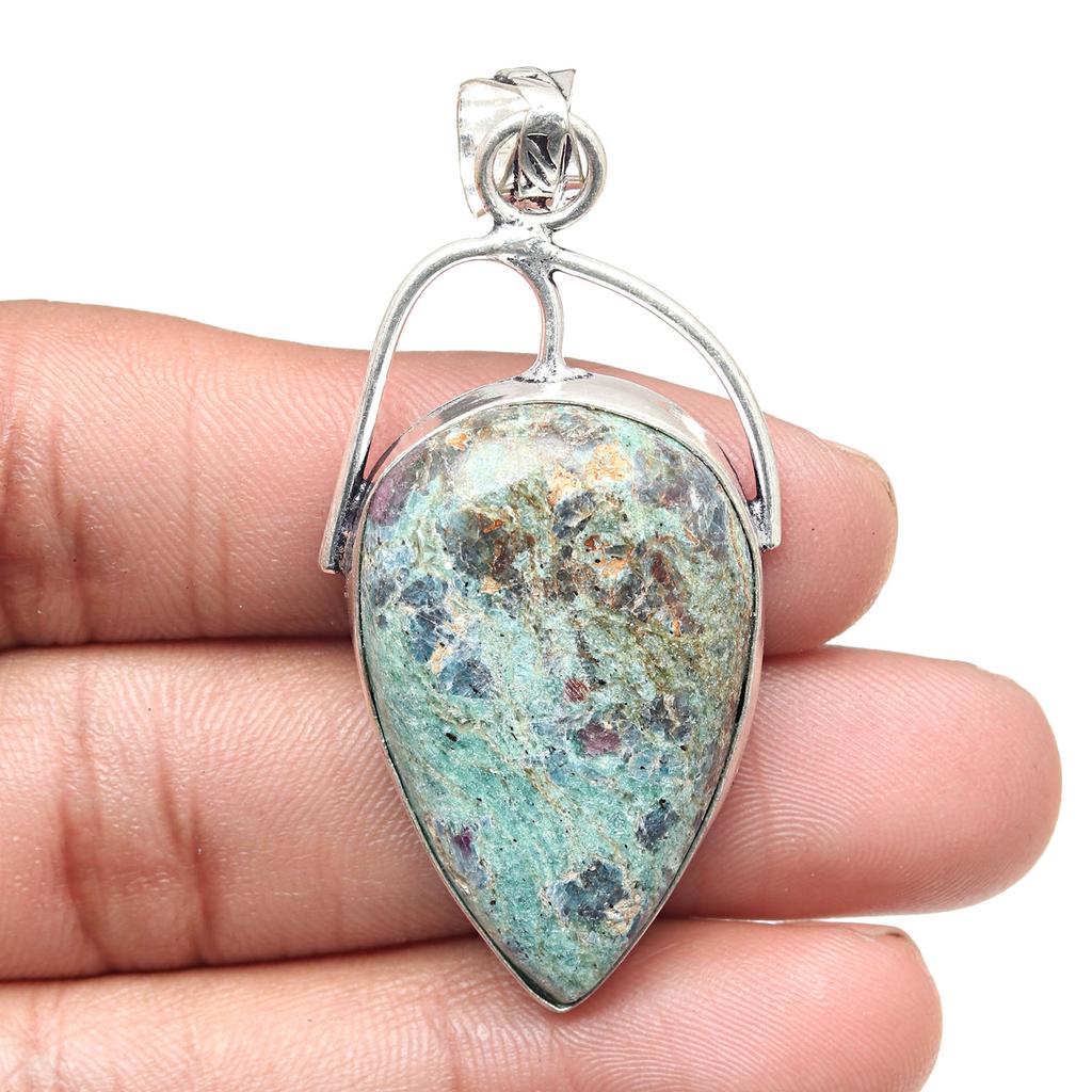 Pendant Fuchsite Cabochon Gemstone Valentine'Day Gifted Silver Jewelry 2.25"