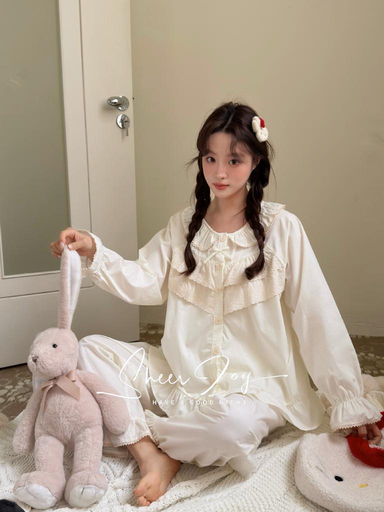 Pure cotton loose and cute long-sleeved trousers lace bow going out spring loungewear suit misty rain sweet dream