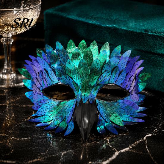 Halloween Cosplay Supplies for Men Women Bird Masquerade Masque, Iridescent Half Face Feather Masque Detailed Theme Parties with 3D Beak Costume,