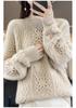 Women's Classic Round Neck 100% Pure Wool Knitted Sweater with Hollow Crochet Design Pullover.