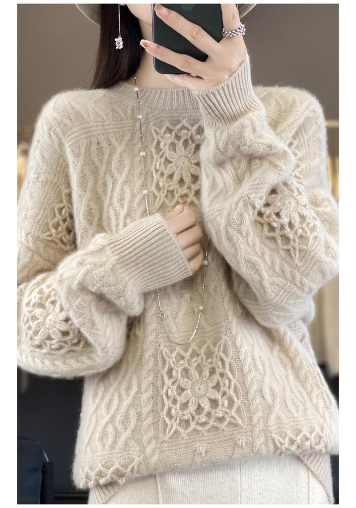 Women's Classic Round Neck 100% Pure Wool Knitted Sweater with Hollow Crochet Design Pullover.