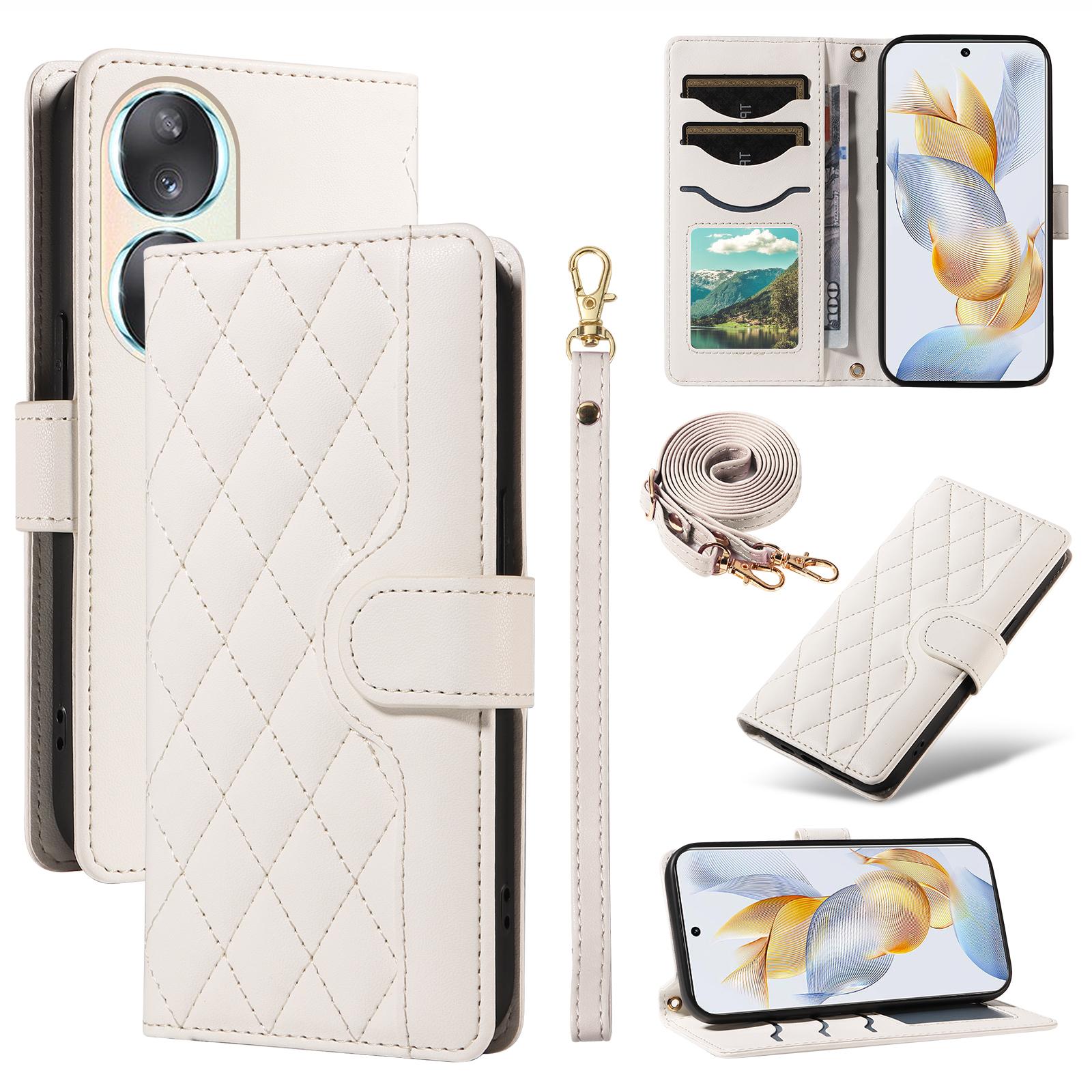 

For Honor 90 Case Wallet Rhombus Leather Phone Cover with Shoulder Strap,Wrist Strap B