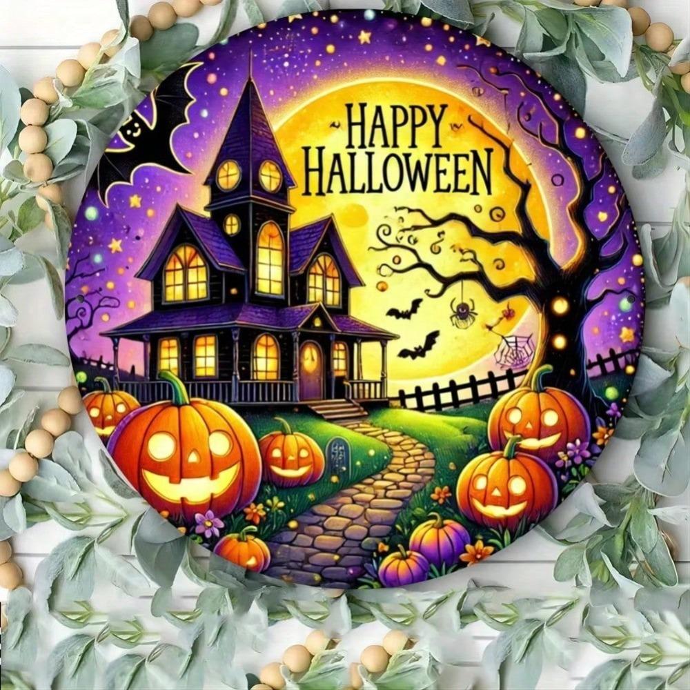 Aluminum Foil Engraving Art Plate - Spooky Haunted House With Pumpkin Design, Happy Halloween Wall Decor, Durable Waterproof Metal Craft