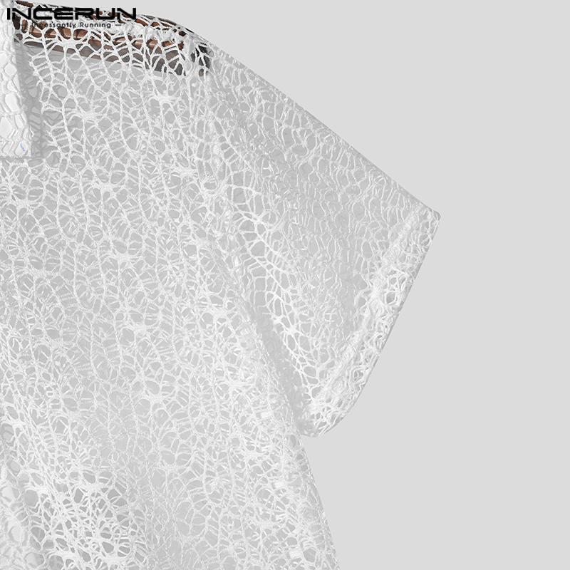 INCERUN Ανδρικά Καλοκαιρινά Μπλουζάκια Παραλίας Κροσέ με Διάτρητο Διχτυωτό Νήμα Κοντομάνικα